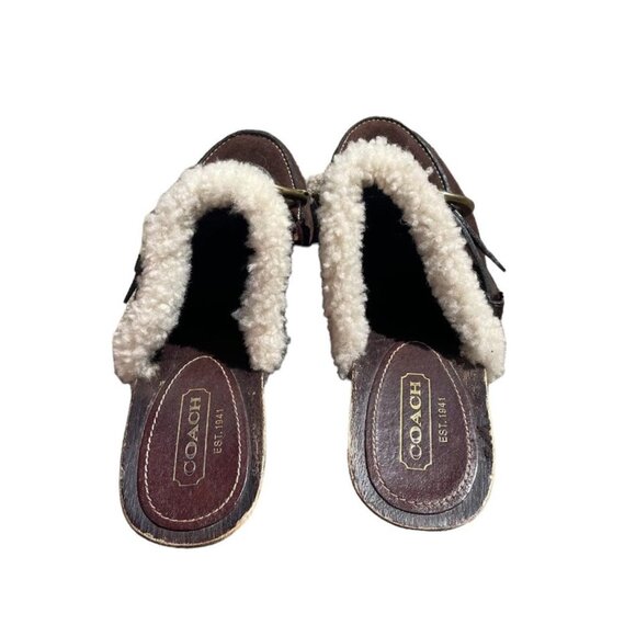 Vintage Coach Wooden Heeled Platform Faux Sherpa Lined Brown Clogs Size 8 - Picture 3 of 7